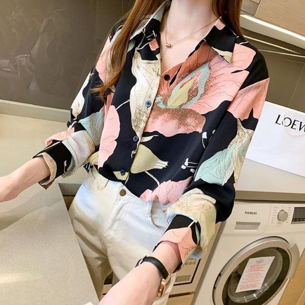 shirts vintage printed chiffon button korean floral shirt 2022 autumn new long sleeve commute female clothing loose casual blouses, White 
shirts vintage printed chiffon button korean floral shirt 2022 autumn new long sleeve commute female clothing loose casual blouses, White