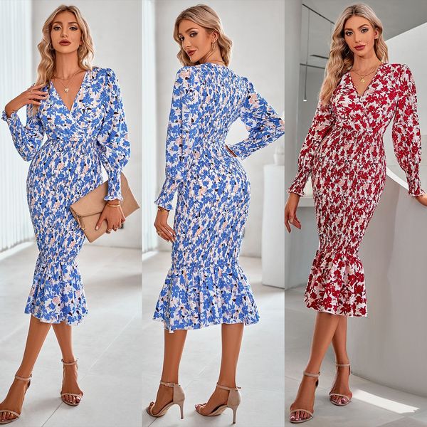 2023 casual v-neck slim printed long dress mermaid hem floral smocked midi dress, White;black
2023 casual v-neck slim printed long dress mermaid hem floral smocked midi dress, White;black