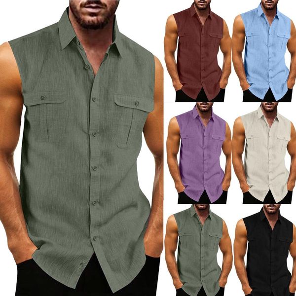 summer shirt men tank turn down collar sleeveless shirts pocket imitation linen slim fit shirt for men summer, White;black
summer shirt men tank turn down collar sleeveless shirts pocket imitation linen slim fit shirt for men summer, White;black