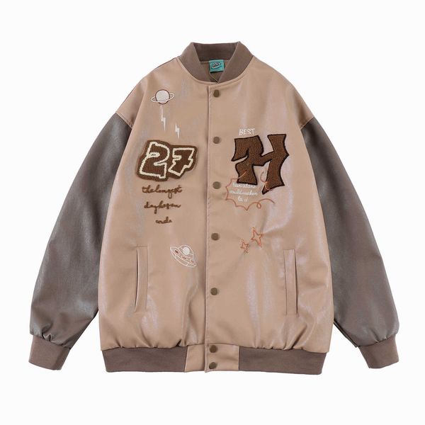 american trendy street flocking pu leather patchwork baseball jacket for men's loose casual trend couple jacket 8fhc, White;black
american trendy street flocking pu leather patchwork baseball jacket for men's loose casual trend couple jacket 8fhc, White;black