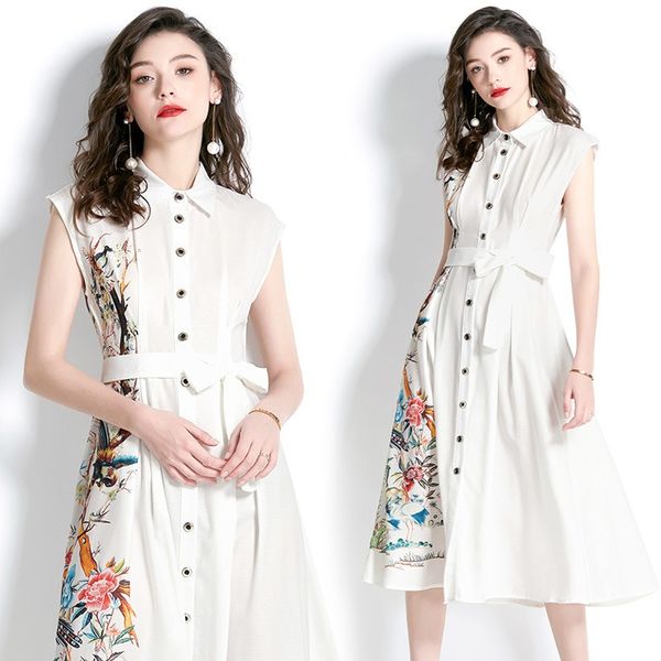 2023 spring summer lapel sleeveless white base flower bird print lady temperament senior medium long dress wholesale e545, Black;gray
2023 spring summer lapel sleeveless white base flower bird print lady temperament senior medium long dress wholesale e545, Black;gray