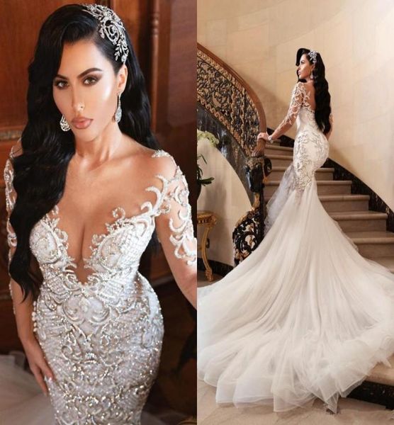 luxury arabic mermaid wedding dresses dubai spark crystals long sleeves sheer bridal gowns court train tulle skirt wedding dre8364527, White
luxury arabic mermaid wedding dresses dubai spark crystals long sleeves sheer bridal gowns court train tulle skirt wedding dre8364527, White