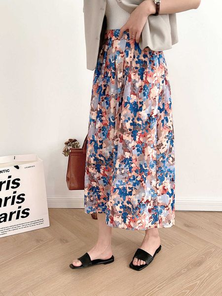 lizhiqi spring new high waist flowers medium length painting hundred pleats small fresh dress women 110665, Black