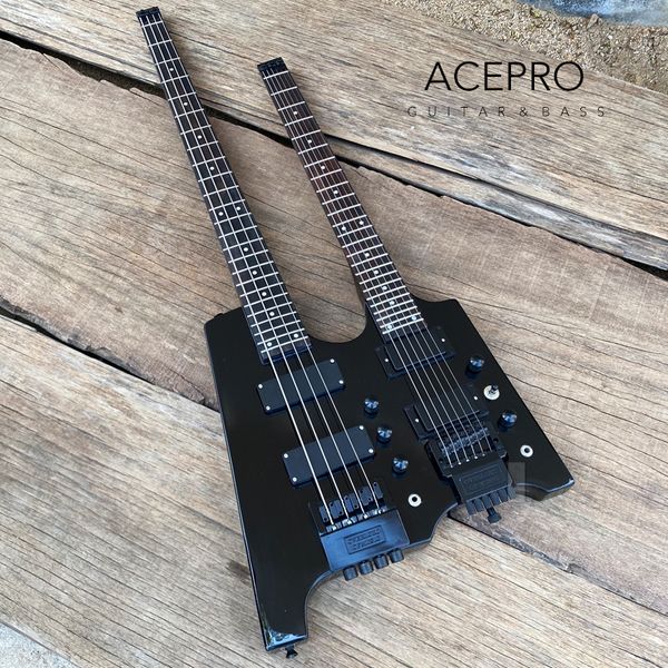 black color double neck headless electric guitar 4 string bass + 6 string guitar tremolo bridge black hardware ing
black color double neck headless electric guitar 4 string bass + 6 string guitar tremolo bridge black hardware ing