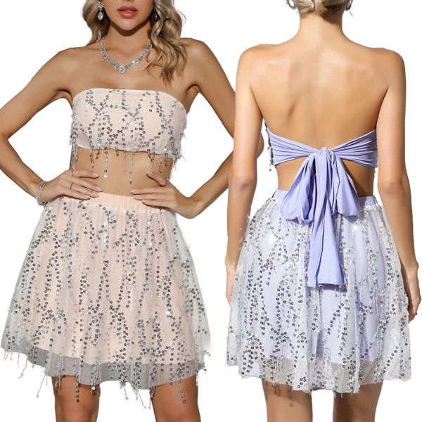 two piece dress sequin bra vest half skirt short skirt set straps wrap around the chest, White
two piece dress sequin bra vest half skirt short skirt set straps wrap around the chest, White