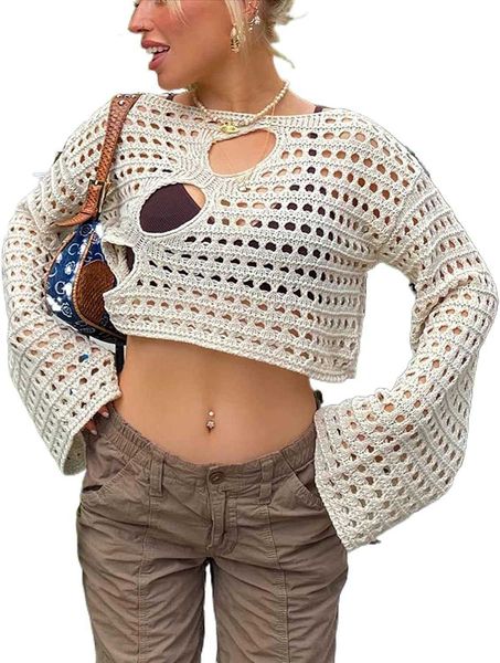 women's hollow out crochet knit sweater crop long sleeve cropped jumper cover up pullover y2k streetwear, White
women's hollow out crochet knit sweater crop long sleeve cropped jumper cover up pullover y2k streetwear, White