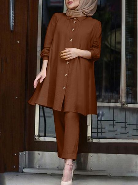 jeans women summer muslim sets 2pcs lapel solid color full sleeve blouse wide leg pants elegant casual modest clothing, Blue
jeans women summer muslim sets 2pcs lapel solid color full sleeve blouse wide leg pants elegant casual modest clothing, Blue