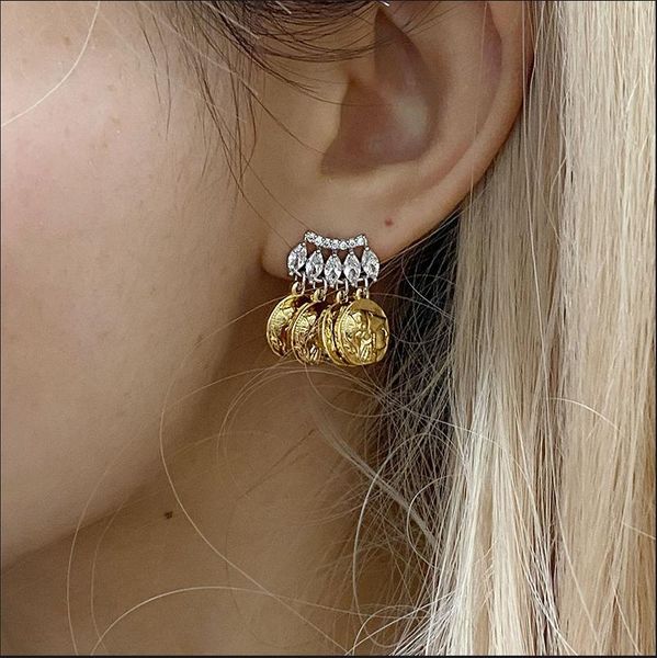 french vintage greek gold coin pendant contrast earrings crystal embossed tassel earrings luxury jewelry e3893, Golden;silver
french vintage greek gold coin pendant contrast earrings crystal embossed tassel earrings luxury jewelry e3893, Golden;silver