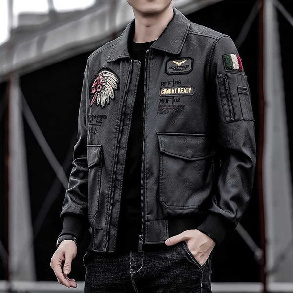 2021 men's pu leather clothes lapel embroidered motorcycle spring and autumn leisure trend jacket 2xwa, White;black