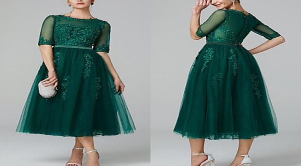 elegant tulle aline mother of the bride dresses illusion neck tea length beaded appliques lace half sleeve evening prom dress3680365, Black;red 
elegant tulle aline mother of the bride dresses illusion neck tea length beaded appliques lace half sleeve evening prom dress3680365, Black;red