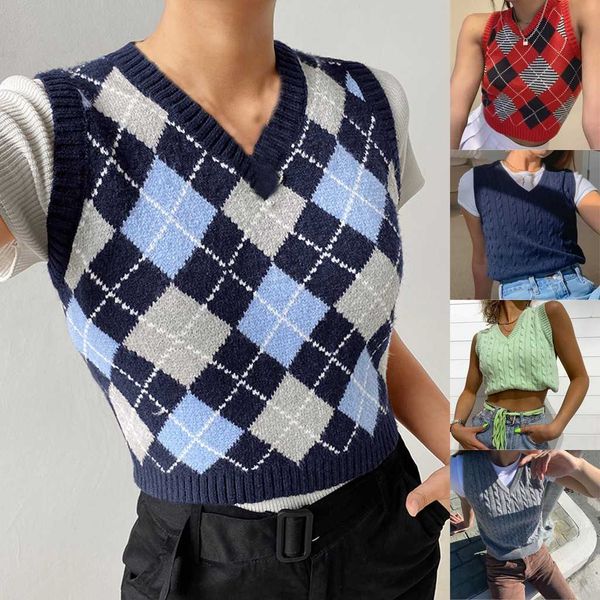 womens casual plaid knitted tank knitwear preppy style v-neck vest sweater, White
womens casual plaid knitted tank knitwear preppy style v-neck vest sweater, White