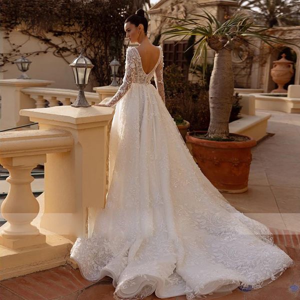 3d-floral appliques lace backlesswedding dresses bateau neck illusion bodice bridal gown with long sleeve elegant tulle wedding dress, White
3d-floral appliques lace backlesswedding dresses bateau neck illusion bodice bridal gown with long sleeve elegant tulle wedding dress, White