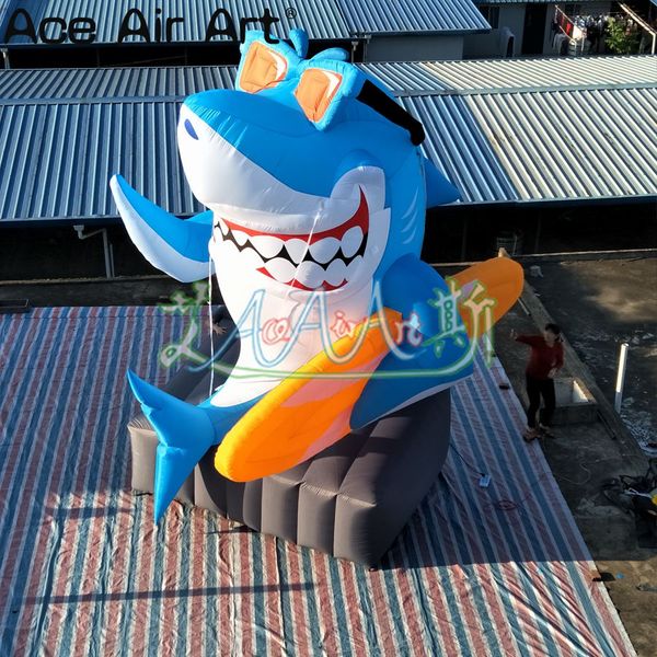 Image of 5mH 16.5ftH with blower 210D Oxford Cloth Glasses Animal Model Smiling Inflatable Sitting Shark With Base Free Standing Arm With Skateboard For Sale