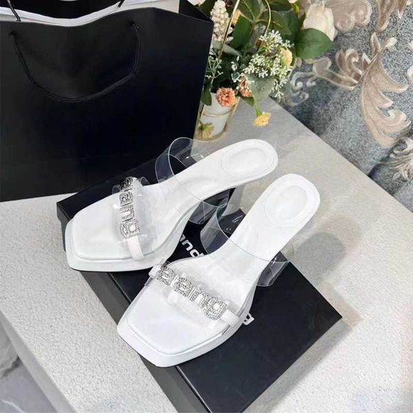 2023 spring/summer new square headed rhinestone letter aw sandals slim king high heels transparent straight striped women's shoes, Black
2023 spring/summer new square headed rhinestone letter aw sandals slim king high heels transparent straight striped women's shoes, Black