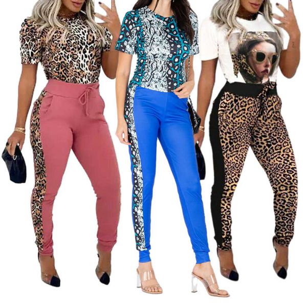 women's new set casual summer blue leopard print combination fashion set short sleeve t-shirt two piece set, White
women's new set casual summer blue leopard print combination fashion set short sleeve t-shirt two piece set, White