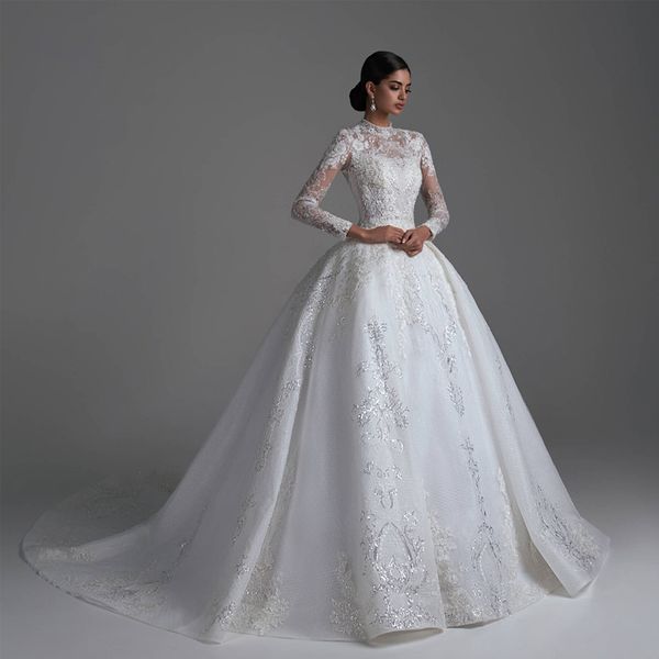 3d-floral appliques princess wedding dresses with high neck illusion bodice bridal gown with long sleeve elegant back dress for bride, White
3d-floral appliques princess wedding dresses with high neck illusion bodice bridal gown with long sleeve elegant back dress for bride, White