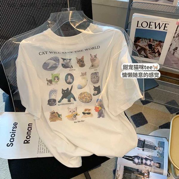 white cotton short sleeve t-shirt cute cat print cat will save the world cartoon tshirts casual tees l230522
white cotton short sleeve t-shirt cute cat print cat will save the world cartoon tshirts casual tees l230522