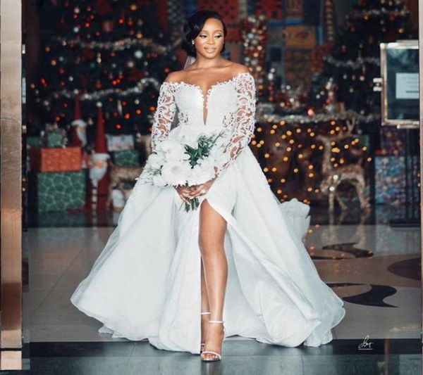 2021 gorgeous sheer neckline side split mermaid beading wedding dresses with overskirts lace long sleeves bride vestidos wedding g6139322, White
2021 gorgeous sheer neckline side split mermaid beading wedding dresses with overskirts lace long sleeves bride vestidos wedding g6139322, White
