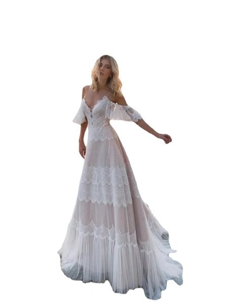 a line bohemian beach wedding dresses lace applique spaghetti straps tulle sweep train boho bridal gowns robe de mariee women dress, White
a line bohemian beach wedding dresses lace applique spaghetti straps tulle sweep train boho bridal gowns robe de mariee women dress, White