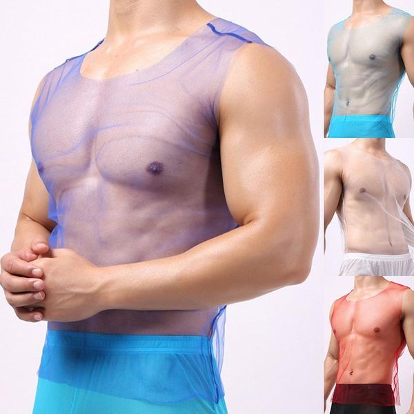 men' tank nightwear mesh vest men see through transparent slim elastic nightclub mens fashion sleeveless strech camisoles, White;black
men' tank nightwear mesh vest men see through transparent slim elastic nightclub mens fashion sleeveless strech camisoles, White;black
