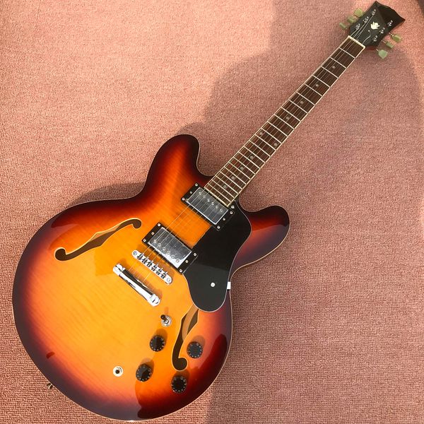 2023 dark sunglow flame maple 335 electric guitar, silver hardware, hollow body jazz electric guitar, ing
2023 dark sunglow flame maple 335 electric guitar, silver hardware, hollow body jazz electric guitar, ing