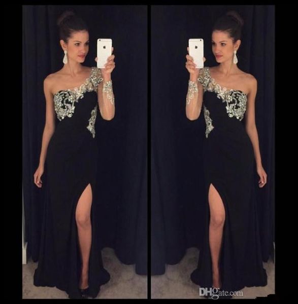one shoulder black evening dresses applique beaded long sleeve side split sheath chiffon formal prom party gowns vestidos de fiest4151334, Black;red
one shoulder black evening dresses applique beaded long sleeve side split sheath chiffon formal prom party gowns vestidos de fiest4151334, Black;red
