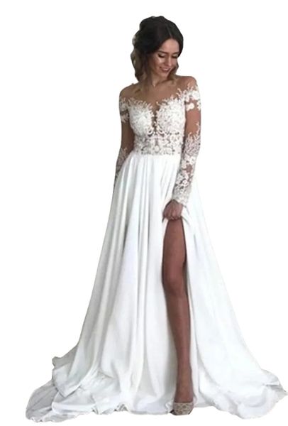glamorous summer lace chiffon bohemian wedding dresses sheer long sleeve bridal gowns appliques jewel neck illusion back with buttons, White
glamorous summer lace chiffon bohemian wedding dresses sheer long sleeve bridal gowns appliques jewel neck illusion back with buttons, White