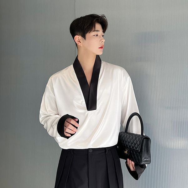 men loose draped ice silk anti-wrinkle soft shirts contrast v neck breathable business formal work dinner dating, White;black
men loose draped ice silk anti-wrinkle soft shirts contrast v neck breathable business formal work dinner dating, White;black