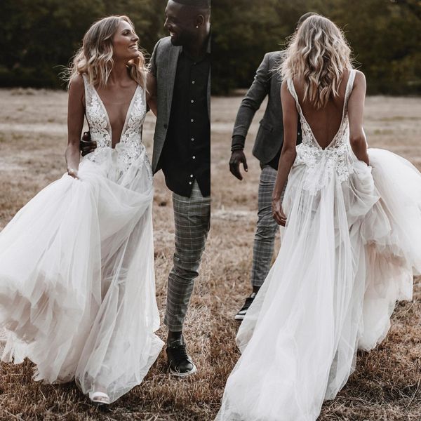 boho a line wedding dresses plunging v neck lace appliques backless tulle designer biohemia wedding bridal gowns, White
boho a line wedding dresses plunging v neck lace appliques backless tulle designer biohemia wedding bridal gowns, White