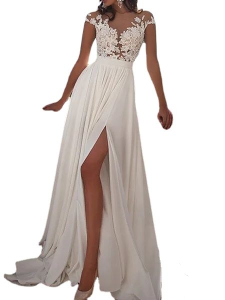 sheer lace beach bridal gowns appliqued bohemian wedding dresses capped sleeves high split chiffon summer dresses, White
sheer lace beach bridal gowns appliqued bohemian wedding dresses capped sleeves high split chiffon summer dresses, White