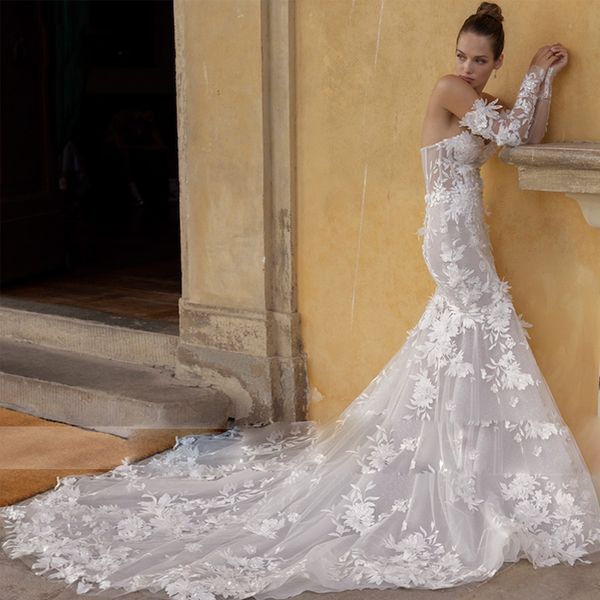 3d-floral appliques mermaid wedding dress with long sleeve sweetheart lace wedding gown strapless mermaid beaded dresses for bride, White
3d-floral appliques mermaid wedding dress with long sleeve sweetheart lace wedding gown strapless mermaid beaded dresses for bride, White