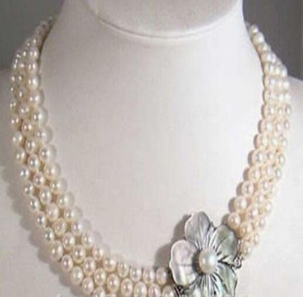 3 rows 78mm white freshwater cultured pearl necklace 17quot19quot shell clasp6382215, Silver
3 rows 78mm white freshwater cultured pearl necklace 17quot19quot shell clasp6382215, Silver