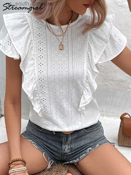 white summer blouses woman 2023 ruffled short sleeve solid hollow out ruffled blouses casual womens and blouses thin l230522
white summer blouses woman 2023 ruffled short sleeve solid hollow out ruffled blouses casual womens and blouses thin l230522