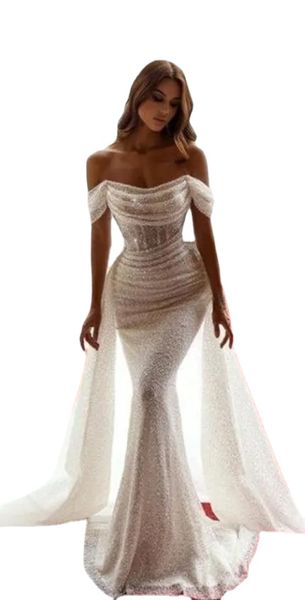 sparkling sequins mermaid wedding dresses off the shoulder bridal gown beaded ruffles sweep train summer beach plus size vestido de novia, White
sparkling sequins mermaid wedding dresses off the shoulder bridal gown beaded ruffles sweep train summer beach plus size vestido de novia, White