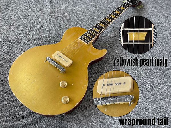 electric guitar gold brown back relic paint and aged parts bridge p90 pickup cream cover yellowish trapezoid shape inlay 2 p
electric guitar gold brown back relic paint and aged parts bridge p90 pickup cream cover yellowish trapezoid shape inlay 2 p