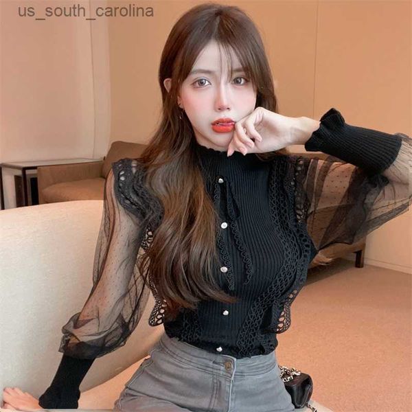 long sleeve stand black chiffon shirts short slim vintage blusas mujer patchwork blouse white mesh dot polka knitted l230522
long sleeve stand black chiffon shirts short slim vintage blusas mujer patchwork blouse white mesh dot polka knitted l230522