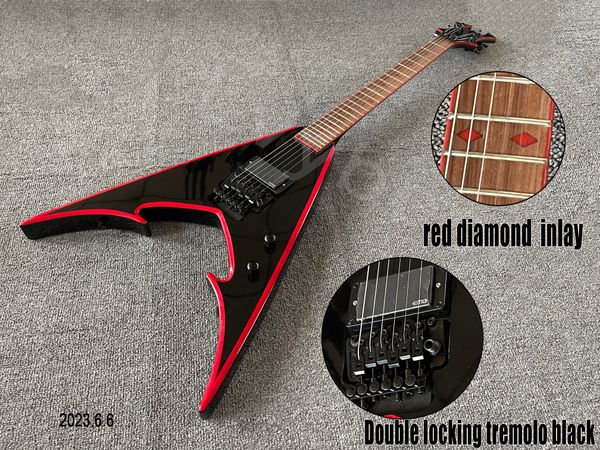 electric guitar black color with red edge lines red small diamond inlay on fingerboard red binding black parts with double lock
electric guitar black color with red edge lines red small diamond inlay on fingerboard red binding black parts with double lock
