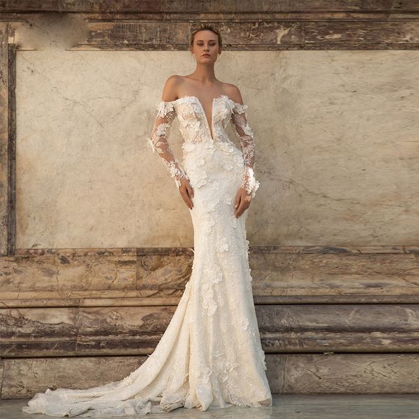 3d-floral appliques mermaid wedding dress with long sleeve off shoulder lace wedding gown mermaid bridal plus size women dress, White
3d-floral appliques mermaid wedding dress with long sleeve off shoulder lace wedding gown mermaid bridal plus size women dress, White