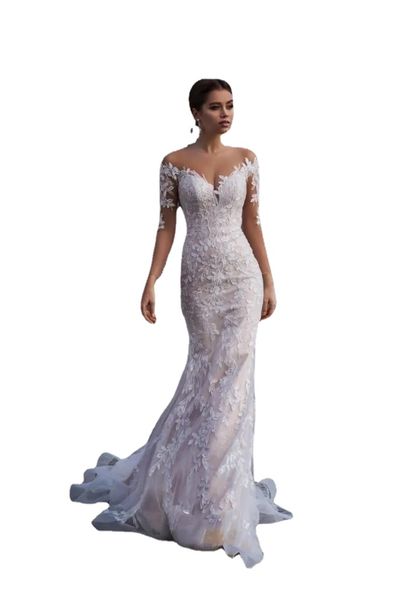 beach lace long sleeves mermaid wedding dresses appliqued sweep train plus size wedding dress bridal gowns vestido de novia brautkleider, White
beach lace long sleeves mermaid wedding dresses appliqued sweep train plus size wedding dress bridal gowns vestido de novia brautkleider, White