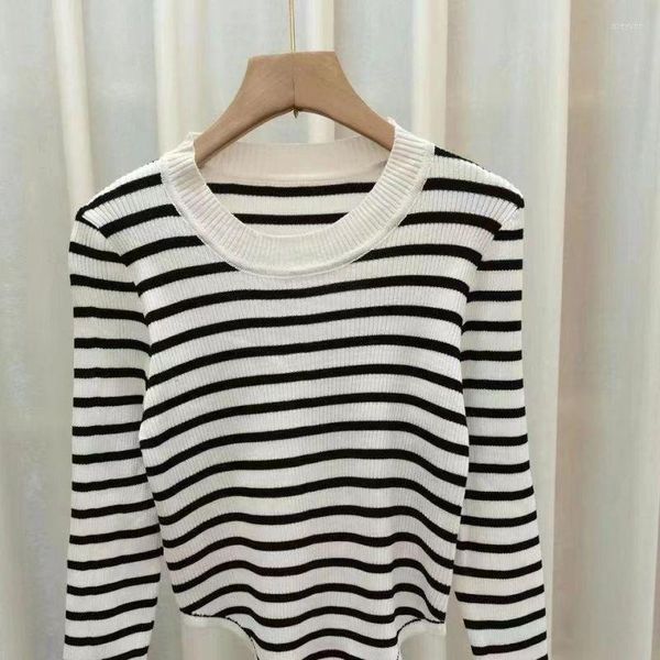 women's t shirts 2023 korean style girl round neck striped stitching contrast color knitwear high waist long sleeves for women, White
women's t shirts 2023 korean style girl round neck striped stitching contrast color knitwear high waist long sleeves for women, White