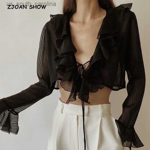 2021 stylish women tie bow front ruffles cropped shirt high waist short blouse long flare sleeve french black white l230522
2021 stylish women tie bow front ruffles cropped shirt high waist short blouse long flare sleeve french black white l230522