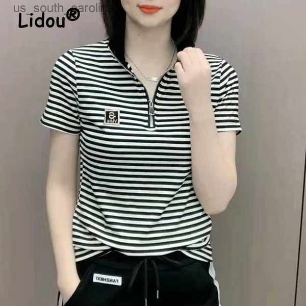 women's striped stand collar zipper short sleeve t-shirts summer korean fashion applique slim casual female clothing 2023 l230522, White
women's striped stand collar zipper short sleeve t-shirts summer korean fashion applique slim casual female clothing 2023 l230522, White