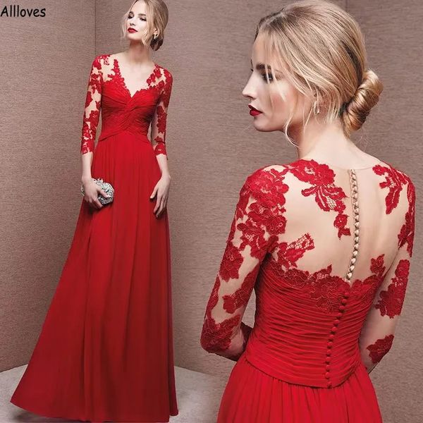 charming lace appliqued chiffon a line mother of the bride dresses v neck long sleeves pleated evening gowns illusion buttons back women for, Black;red
charming lace appliqued chiffon a line mother of the bride dresses v neck long sleeves pleated evening gowns illusion buttons back women for, Black;red