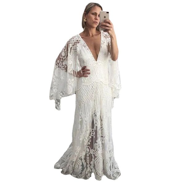 bohemian country v neck wedding dresses long sleeve lace appliqued boho wedding gowns sweep train beach garden luxury bridal dress, White
bohemian country v neck wedding dresses long sleeve lace appliqued boho wedding gowns sweep train beach garden luxury bridal dress, White