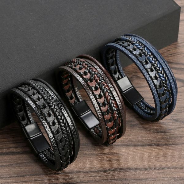 men's multi-layer leather cord braided bracelet leather rope bracelet titanium steel magnetic buckle bracelets, Black
men's multi-layer leather cord braided bracelet leather rope bracelet titanium steel magnetic buckle bracelets, Black