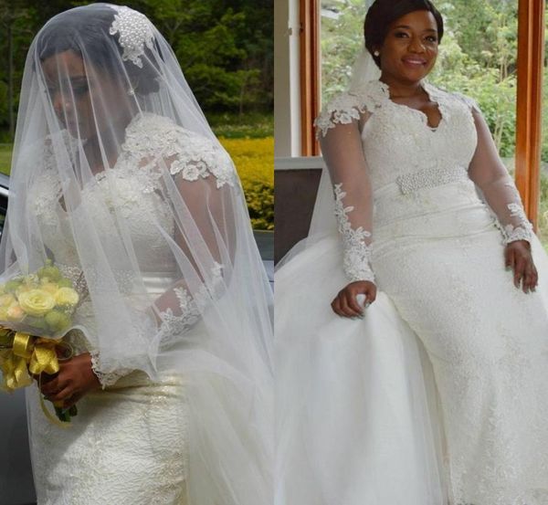 african long sleeve mermaid wedding dresses with detachable train plus size lace beaded wedding gowns overskirt tulle vestido de n2187225, White
african long sleeve mermaid wedding dresses with detachable train plus size lace beaded wedding gowns overskirt tulle vestido de n2187225, White