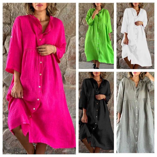 women's new cotton and hemp solid casual standing neck button long dress, Black;gray
women's new cotton and hemp solid casual standing neck button long dress, Black;gray