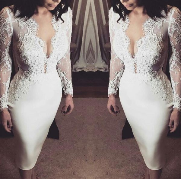 2021 new lace wedding dresses deep v neck long sleeves knee leghth satin bridal gowns wedding reception dress 8191311, White
2021 new lace wedding dresses deep v neck long sleeves knee leghth satin bridal gowns wedding reception dress 8191311, White