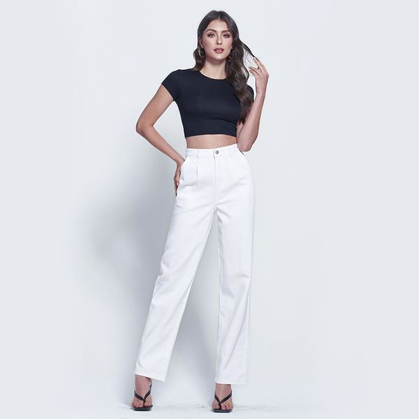 white high waisted straight leg jeans with european and american style, solid color denim straight leg pants for women's foreign trade, Blue
white high waisted straight leg jeans with european and american style, solid color denim straight leg pants for women's foreign trade, Blue