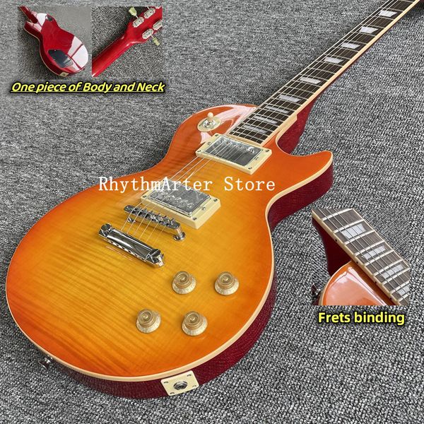 custom electric guitar with frets binding, rosewood fingerboard, orange tiger flame finish, one piece body and neck
custom electric guitar with frets binding, rosewood fingerboard, orange tiger flame finish, one piece body and neck